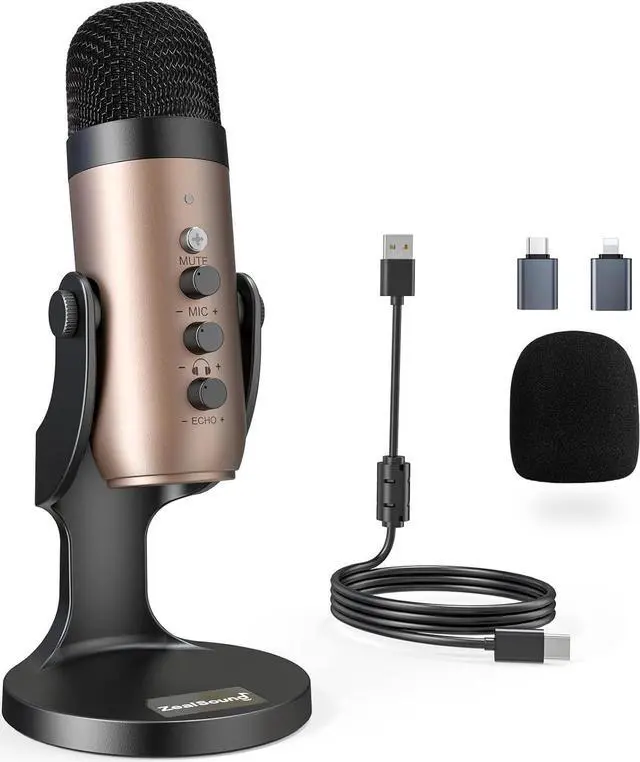 Main image of ZealSound USB Microphone,Condenser Computer PC Mic,Plug&Play Gaming Microphones for PS 4&5.Headphone Output&Volume Control,Mic Gain Control,Mute Button for Vocal,YouTube Podcast on Mac&Windows(Gold)