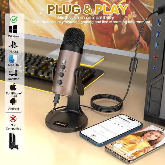 Alt view image 2 of 7 - ZealSound USB Microphone,Condenser Computer PC Mic,Plug&Play Gaming Microphones for PS 4&5.Headphone Output&Volume Control,Mic Gain Control,Mute Button for Vocal,YouTube Podcast on Mac&Windows(Gold)
