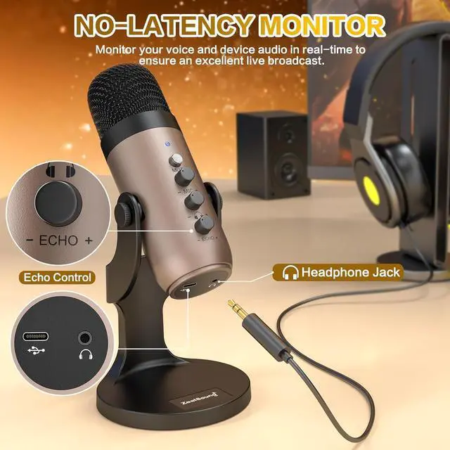 Alt view image 4 of 7 - ZealSound USB Microphone,Condenser Computer PC Mic,Plug&Play Gaming Microphones for PS 4&5.Headphone Output&Volume Control,Mic Gain Control,Mute Button for Vocal,YouTube Podcast on Mac&Windows(Gold)