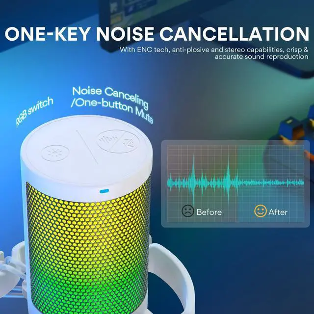 Alt view image 2 of 7 - Gaming Microphone for PC with Noise Cancellation, USB Condenser Mic for Computer, Mac, Laptop, PS5, Streaming, Podcast, Twitch, YouTube, Discord, GamerWave DGM20 White
