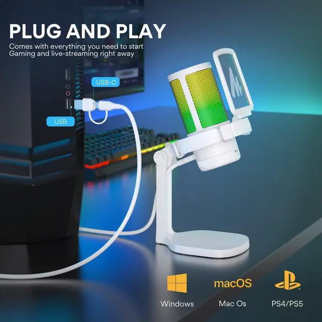Alt view image 6 of 7 - Gaming Microphone for PC with Noise Cancellation, USB Condenser Mic for Computer, Mac, Laptop, PS5, Streaming, Podcast, Twitch, YouTube, Discord, GamerWave DGM20 White