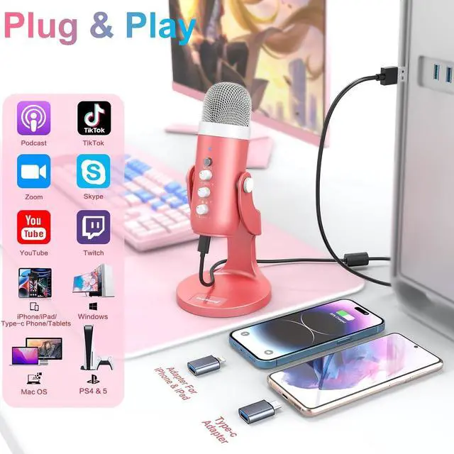 Alt view image 2 of 7 - USB Microphone,Condenser Computer Mic,Plug&Play Gaming Microphones for PS 4&5.Headphone Output&Volume Control,Mic Gain Control,Mute Button,YouTube Podcast on Mac&Windows Pearlescent Pink