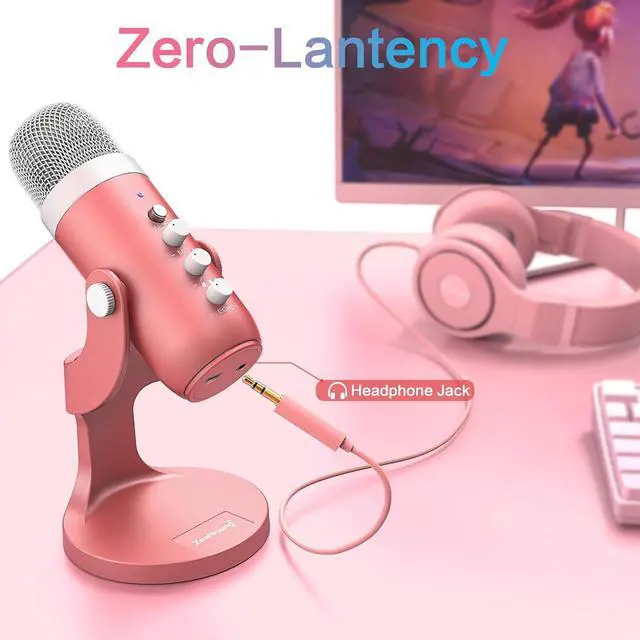 Alt view image 4 of 7 - USB Microphone,Condenser Computer Mic,Plug&Play Gaming Microphones for PS 4&5.Headphone Output&Volume Control,Mic Gain Control,Mute Button,YouTube Podcast on Mac&Windows Pearlescent Pink