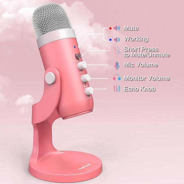 Alt view image 3 of 7 - ZealSound Gaming USB Pink Microphone with Quick Mute for Phone Computer PC PS5,Studio Mic with Gain Control,Echo&Monitor Volume Adjust for Streaming Vocal Recording ASMR Podcast Video K66