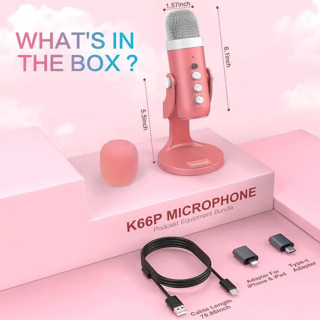 Alt view image 7 of 7 - USB Microphone,Condenser Computer Mic,Plug&Play Gaming Microphones for PS 4&5.Headphone Output&Volume Control,Mic Gain Control,Mute Button,YouTube Podcast on Mac&Windows Pearlescent Pink