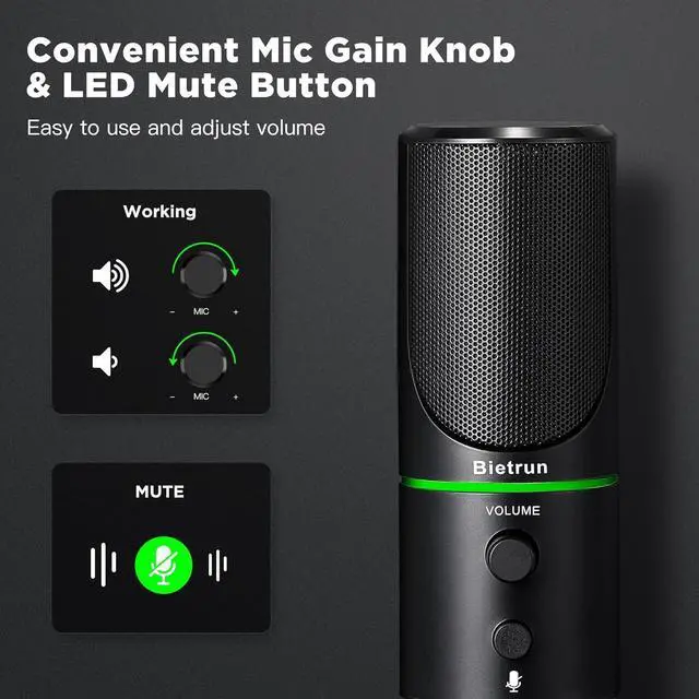 Alt view image 2 of 7 - USB Microphone, Computer Condenser Gaming Mic for Desktop/Laptop/PS4/5, Headphone Jack, Volume Control, Plug & Play, for Podcast, Streaming, Studio Recording