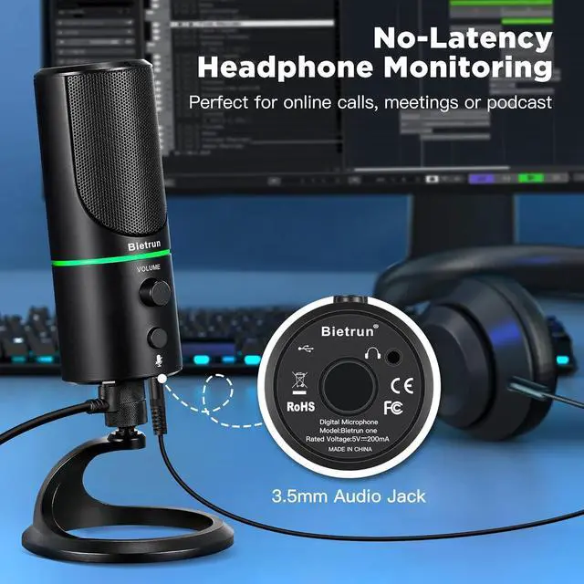 Alt view image 5 of 7 - USB Microphone, Computer Condenser Gaming Mic for Desktop/Laptop/PS4/5, Headphone Jack, Volume Control, Plug & Play, for Podcast, Streaming, Studio Recording