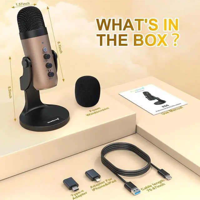 Alt view image 7 of 7 - ZealSound USB Microphone,Condenser Computer PC Mic,Plug&Play Gaming Microphones for PS 4&5.Headphone Output&Volume Control,Mic Gain Control,Mute Button for Vocal,YouTube Podcast on Mac&Windows(Gold)