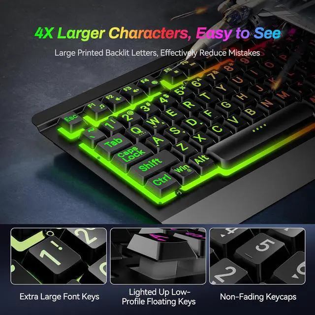 Alt view image 2 of 7 - Large Print Rainbow Backlit Gaming Keyboard, Wired USB Light Up Computer Keyboard with Big Letters Keys,12 Multimedia Keys, Wrist Rest, All-Metal Panel,Full Size Keyboard, for PC,Laptop