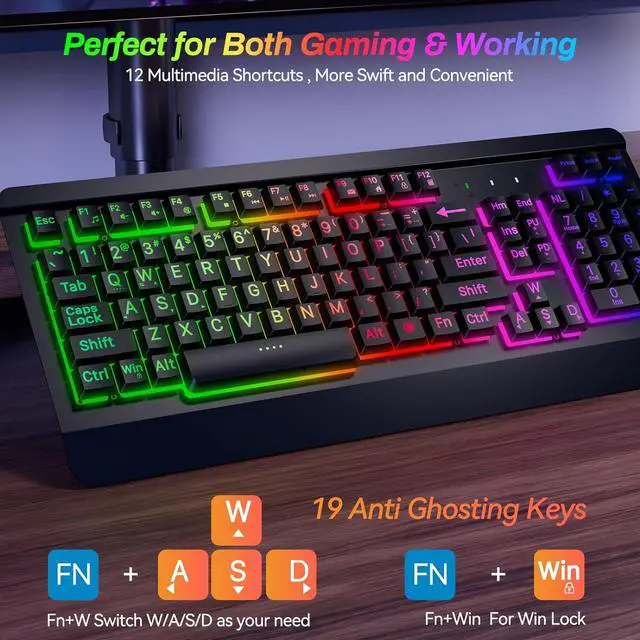 Alt view image 4 of 7 - Large Print Rainbow Backlit Gaming Keyboard, Wired USB Light Up Computer Keyboard with Big Letters Keys,12 Multimedia Keys, Wrist Rest, All-Metal Panel,Full Size Keyboard, for PC,Laptop