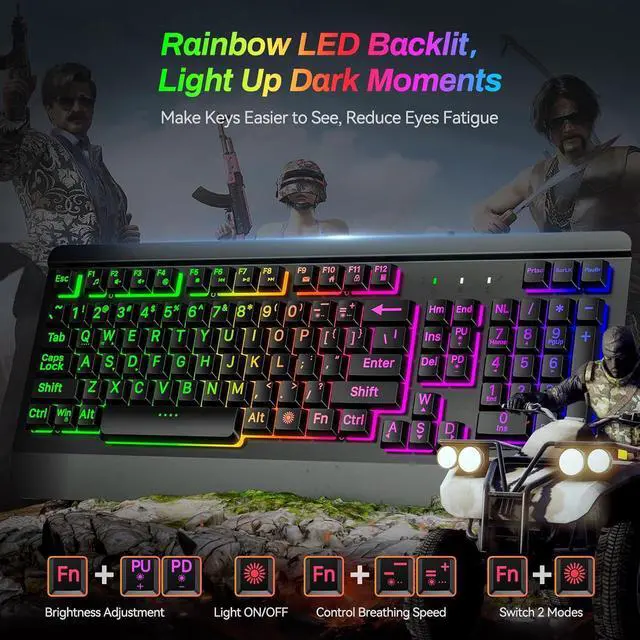 Alt view image 3 of 7 - Large Print Rainbow Backlit Gaming Keyboard, Wired USB Light Up Computer Keyboard with Big Letters Keys,12 Multimedia Keys, Wrist Rest, All-Metal Panel,Full Size Keyboard, for PC,Laptop