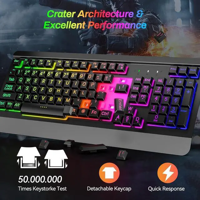 Alt view image 5 of 7 - Large Print Rainbow Backlit Gaming Keyboard, Wired USB Light Up Computer Keyboard with Big Letters Keys,12 Multimedia Keys, Wrist Rest, All-Metal Panel,Full Size Keyboard, for PC,Laptop