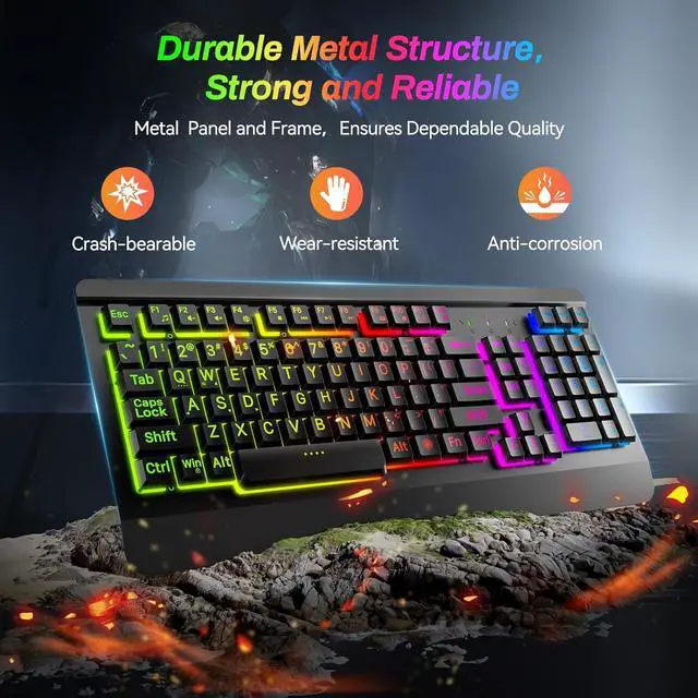 Alt view image 7 of 7 - Large Print Rainbow Backlit Gaming Keyboard, Wired USB Light Up Computer Keyboard with Big Letters Keys,12 Multimedia Keys, Wrist Rest, All-Metal Panel,Full Size Keyboard, for PC,Laptop