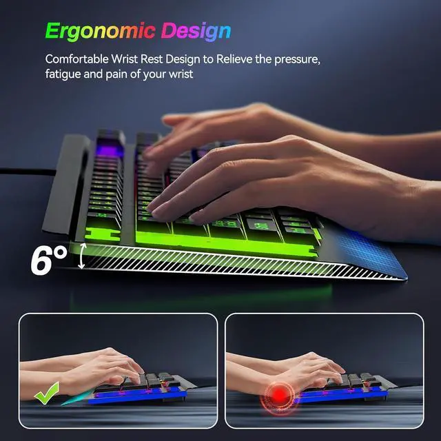 Alt view image 6 of 7 - Large Print Rainbow Backlit Gaming Keyboard, Wired USB Light Up Computer Keyboard with Big Letters Keys,12 Multimedia Keys, Wrist Rest, All-Metal Panel,Full Size Keyboard, for PC,Laptop