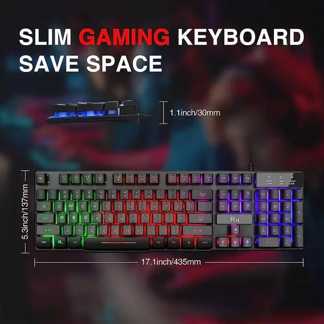 Alt view image 3 of 6 - Rii RK100+ Multiple Color Rainbow LED Backlit Large Size USB Wired Mechanical Feeling Multimedia PC Gaming Keyboard,Office Keyboard for Working or Primer Gaming,Office Device