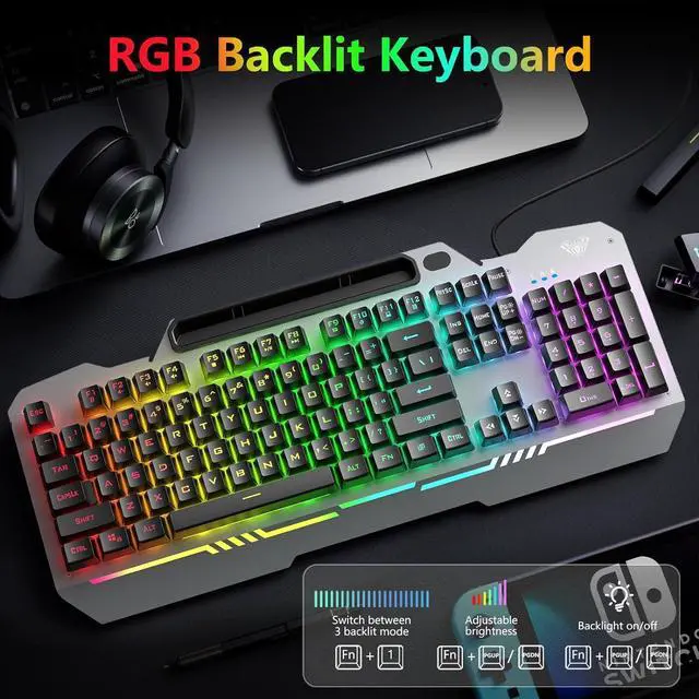 Alt view image 2 of 7 - AULA Keyboard, T102 104 Keys Gaming Keyboard and Mouse Combo with RGB Backlit Number Pad, All-Metal Panel Waterproof Light Up PC Keyboard, USB Wired Computer Keyboards Gaming for MAC Xbox PC Gamer