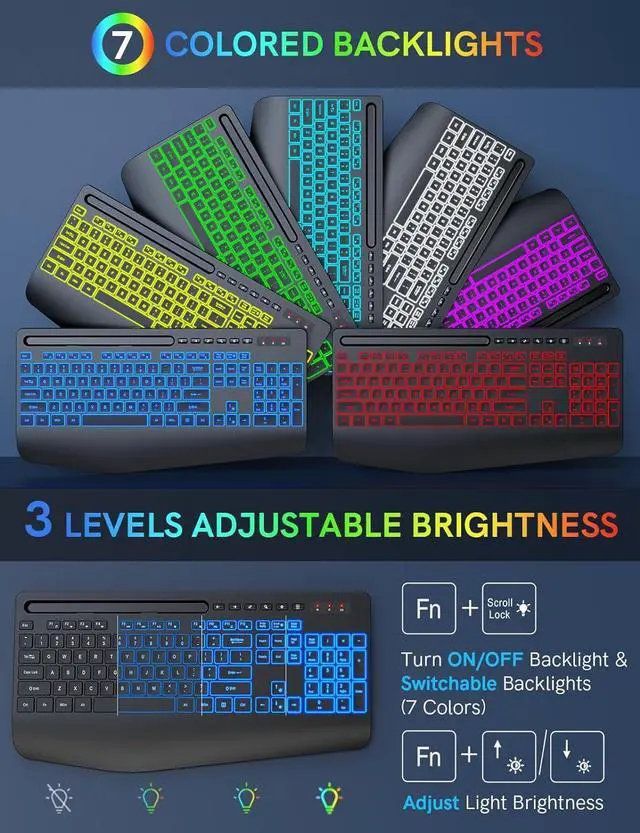 Alt view image 2 of 7 - Wireless Keyboard with 7 Colored Backlits, Wrist Rest, Rechargeable Ergonomic Keyboard with Phone Holder, Silent Lighted Full Size Computer Keyboard for Windows, MacBook, PC, Laptop (Black)