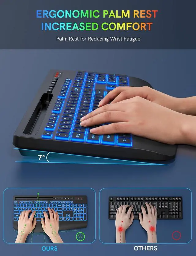 Alt view image 3 of 7 - Wireless Keyboard with 7 Colored Backlits, Wrist Rest, Rechargeable Ergonomic Keyboard with Phone Holder, Silent Lighted Full Size Computer Keyboard for Windows, MacBook, PC, Laptop (Black)