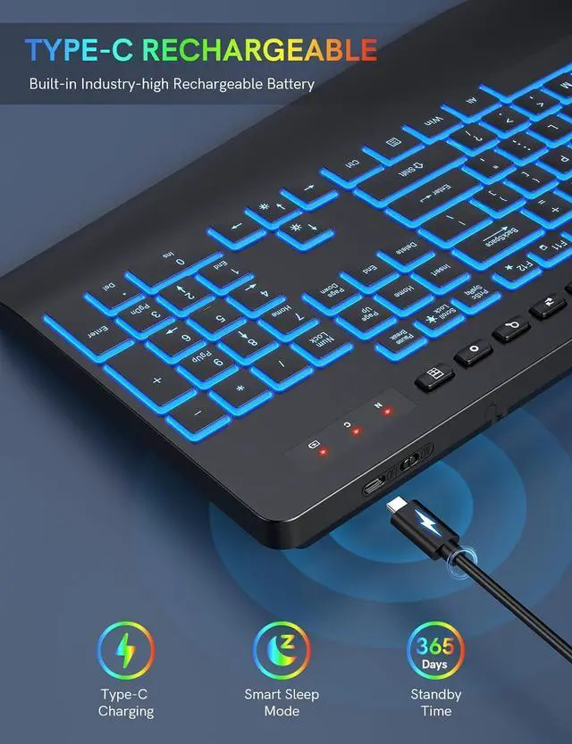 Alt view image 4 of 7 - Wireless Keyboard with 7 Colored Backlits, Wrist Rest, Rechargeable Ergonomic Keyboard with Phone Holder, Silent Lighted Full Size Computer Keyboard for Windows, MacBook, PC, Laptop (Black)