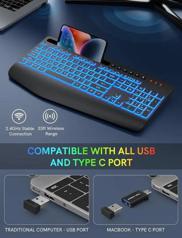 Alt view image 5 of 7 - Wireless Keyboard with 7 Colored Backlits, Wrist Rest, Rechargeable Ergonomic Keyboard with Phone Holder, Silent Lighted Full Size Computer Keyboard for Windows, MacBook, PC, Laptop (Black)