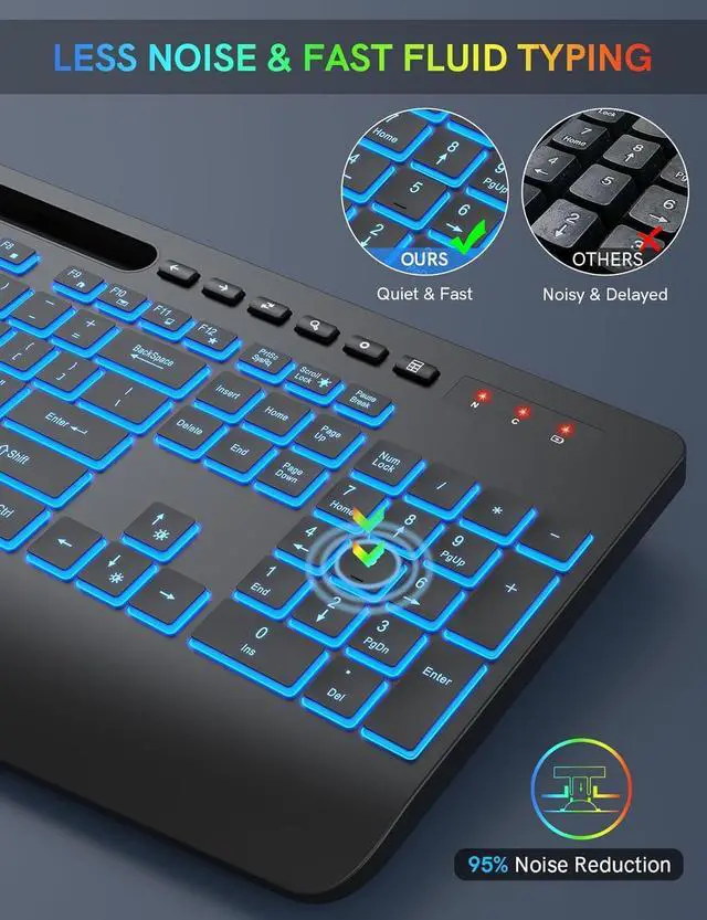 Alt view image 6 of 7 - Wireless Keyboard with 7 Colored Backlits, Wrist Rest, Rechargeable Ergonomic Keyboard with Phone Holder, Silent Lighted Full Size Computer Keyboard for Windows, MacBook, PC, Laptop (Black)