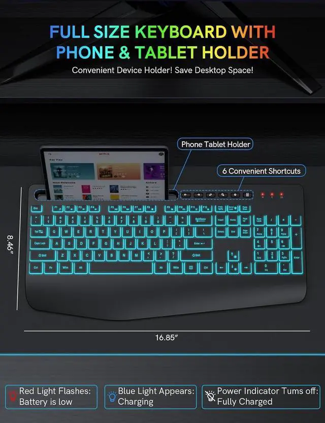 Alt view image 7 of 7 - Wireless Keyboard with 7 Colored Backlits, Wrist Rest, Rechargeable Ergonomic Keyboard with Phone Holder, Silent Lighted Full Size Computer Keyboard for Windows, MacBook, PC, Laptop (Black)