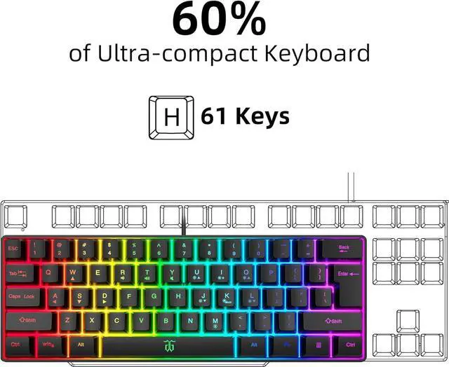 Alt view image 2 of 7 - 60% Wired Gaming Keyboard, RGB Backlit Ultra-Compact Mini Keyboard, Waterproof Small Compact 61 Keys Keyboard for PC/Mac Gamer, Typist, Travel, Easy to Carry on Business Trip(Black)