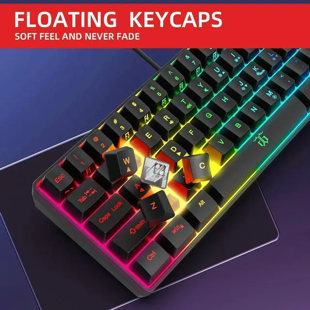 Alt view image 5 of 7 - 60% Wired Gaming Keyboard, RGB Backlit Ultra-Compact Mini Keyboard, Waterproof Small Compact 61 Keys Keyboard for PC/Mac Gamer, Typist, Travel, Easy to Carry on Business Trip(Black)