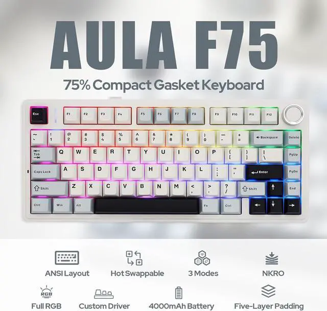Alt view image 2 of 7 - F75 Gasket Mechanical Keyboard, 75% Wireless Hot Swappable Gaming Keyboard with Five-Layer Padding&Knob, Bluetooth/2.4GHz/USB-C, RGB (Light Blue, LEOBOG Reaper Switch)