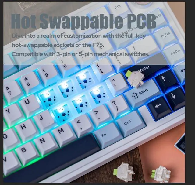 Alt view image 4 of 7 - F75 Gasket Mechanical Keyboard, 75% Wireless Hot Swappable Gaming Keyboard with Five-Layer Padding&Knob, Bluetooth/2.4GHz/USB-C, RGB (Light Blue, LEOBOG Reaper Switch)