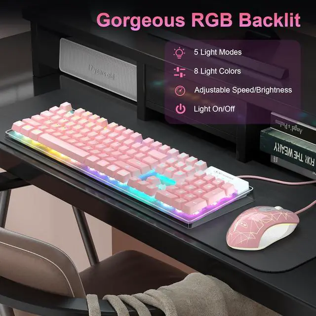 Alt view image 3 of 7 - Gaming Keyboard and Mouse Combo, K1 RGB LED Backlit Keyboard with 104 Keys Computer PC Gaming Keyboard for PC/Laptop (Pink)