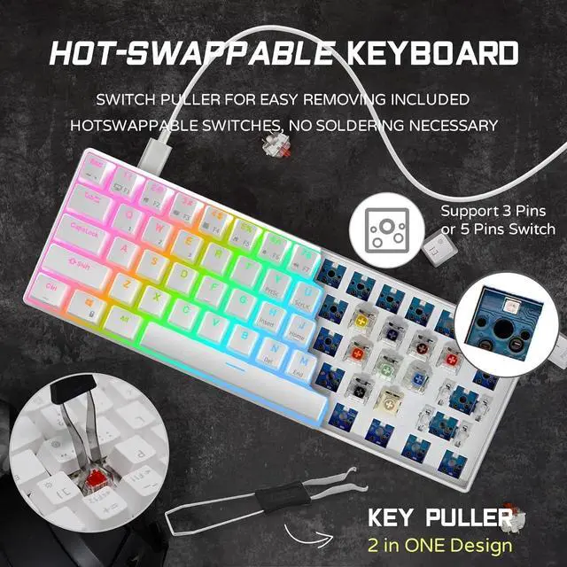 Alt view image 3 of 7 - RK ROYAL KLUDGE RK61 Wired QMK/VIA 60% Mechanical Gaming Keyboard Programmable RGB Backlit Ultra-Compact Hot Swappable Red Switch White