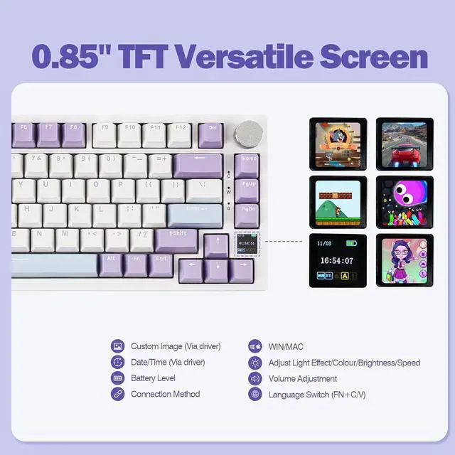 Alt view image 4 of 7 - Ajazz AK820 Pro 75% Mechanical Keyboard, Gasket-Mounted Gaming Keyboard with TFT Smart Display&Knob, Bluetooth 5.1/2.4G Wireless/Type-C Wired Custom Keyboard (Purple, Gift Switch)