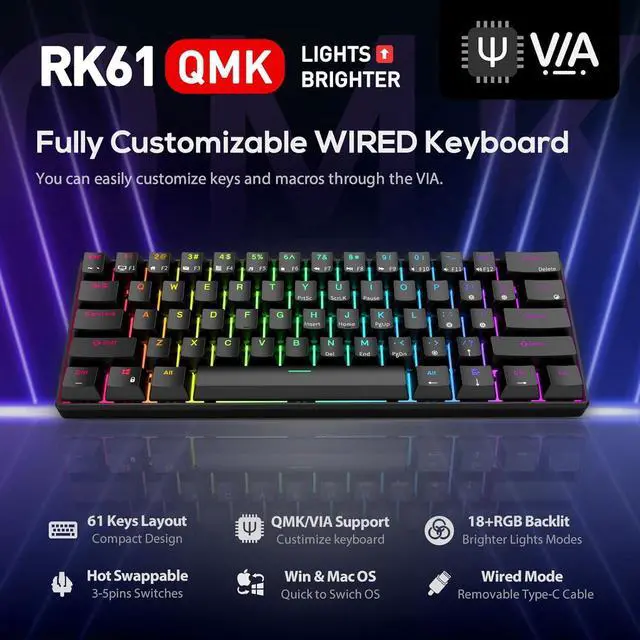 Alt view image 2 of 7 - RK ROYAL KLUDGE RK61 Wired 60% Mechanical Gaming Keyboard Programmable QMK/VIA RGB Backlit 61 Keys Ultra-Compact Hot Swappable Red Switch Black