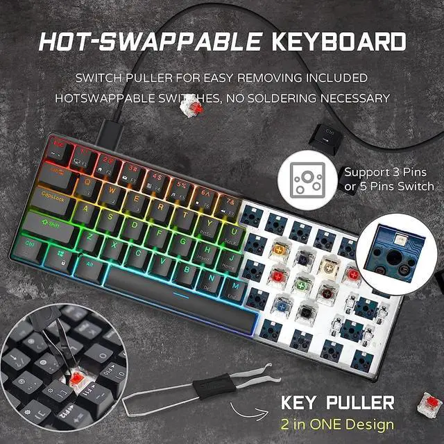 Alt view image 3 of 7 - RK ROYAL KLUDGE RK61 Wired 60% Mechanical Gaming Keyboard Programmable QMK/VIA RGB Backlit 61 Keys Ultra-Compact Hot Swappable Red Switch Black