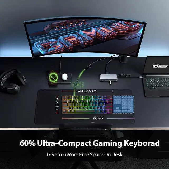 Alt view image 5 of 7 - RK ROYAL KLUDGE RK61 Wired 60% Mechanical Gaming Keyboard RGB Backlit Ultra-Compact Hot Swappable Red Switch Black