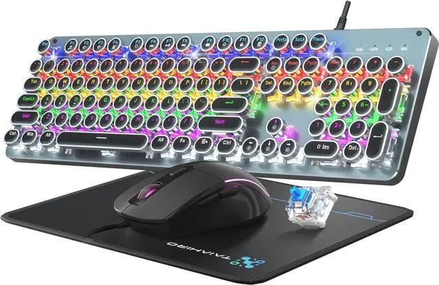 Main image of Typewriter Mechanical Gaming Keyboard with Mouse, Metal Panel Retro Keyboard with Round Keycap Blue Switch, RGB Backlit 104 Keys Anti-Ghost Wired Keyboard Mouse and Pad Combo for PC Laptop Mac Gamer