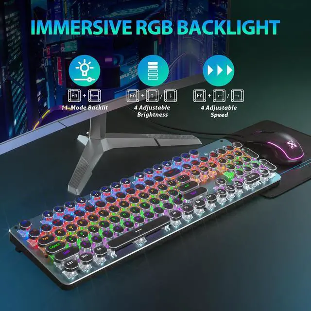Alt view image 5 of 7 - Typewriter Mechanical Gaming Keyboard with Mouse, Metal Panel Retro Keyboard with Round Keycap Blue Switch, RGB Backlit 104 Keys Anti-Ghost Wired Keyboard Mouse and Pad Combo for PC Laptop Mac Gamer