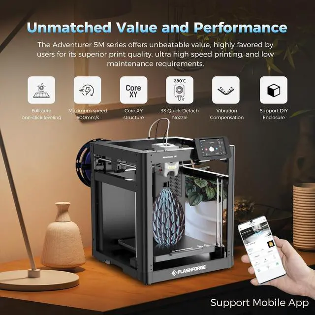Alt view image 2 of 7 - Adventurer 5M 3D Printer with Fully Auto Leveling, Max 600mm/s High Speed Printing, 280°C Direct Extruder with 3S Detachable Nozzle, Core XY All Metal Structure, Print Size 220x220x220mm
