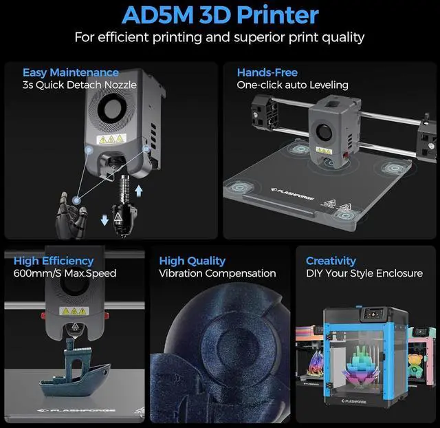 Alt view image 4 of 7 - Adventurer 5M 3D Printer,600mm/s Max High-Speed FDM 3D Printers with Fully Auto Leveling, 280°C Direct Extruder with Quick Detachable Nozzle, Effective Cooling, Core XY Structure