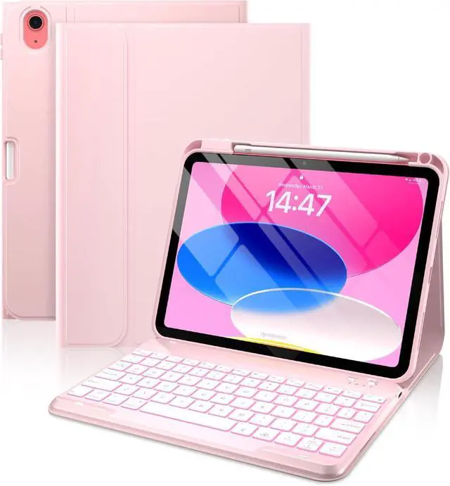 Main image of Folio Keyboard Case for iPad 10th Gen 10.9 inch (2022) and iPad 11th (A16, 2025), Magnetic Wireless Detachable Keyboard, 7-Color Backlight, Thin & Light, Pencil Holder Light Pink