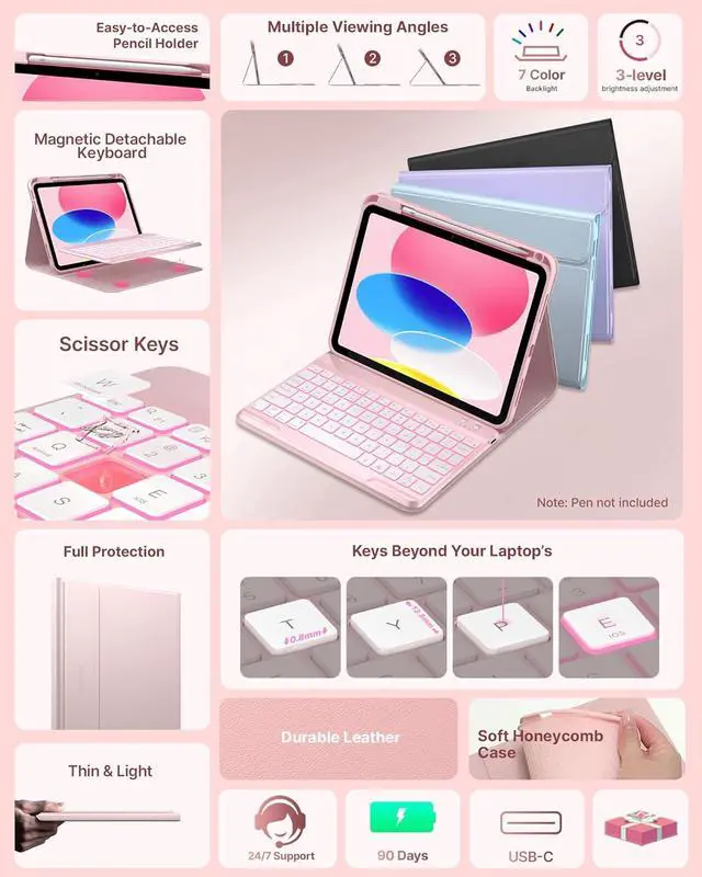 Alt view image 3 of 7 - Folio Keyboard Case for iPad 10th Gen 10.9 inch (2022) and iPad 11th (A16, 2025), Magnetic Wireless Detachable Keyboard, 7-Color Backlight, Thin & Light, Pencil Holder Light Pink
