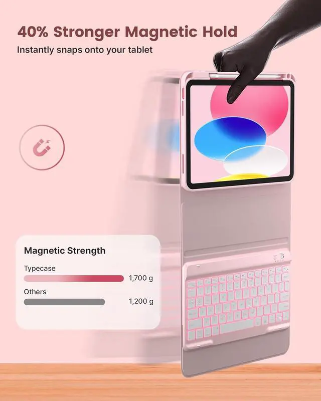 Alt view image 4 of 7 - Folio Keyboard Case for iPad 10th Gen 10.9 inch (2022) and iPad 11th (A16, 2025), Magnetic Wireless Detachable Keyboard, 7-Color Backlight, Thin & Light, Pencil Holder Light Pink