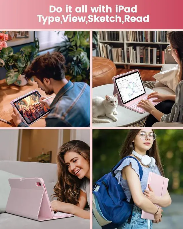 Alt view image 6 of 7 - Folio Keyboard Case for iPad 10th Gen 10.9 inch (2022) and iPad 11th (A16, 2025), Magnetic Wireless Detachable Keyboard, 7-Color Backlight, Thin & Light, Pencil Holder Light Pink