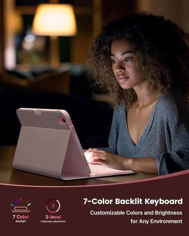 Alt view image 7 of 7 - Folio Keyboard Case for iPad 10th Gen 10.9 inch (2022) and iPad 11th (A16, 2025), Magnetic Wireless Detachable Keyboard, 7-Color Backlight, Thin & Light, Pencil Holder Light Pink