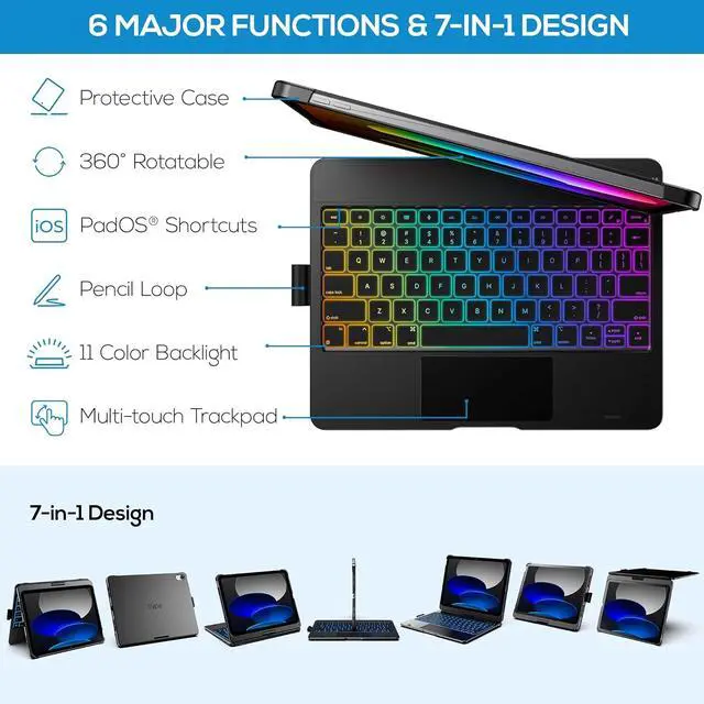 Alt view image 4 of 7 - Touch iPad 10th Generation Case with Keyboard (10.9", 2022) & iPad 11th (A16, 2025) - 360° Rotatable, 11-Color Backlight,Multi-Touch Trackpad, Thin & Light (Black)