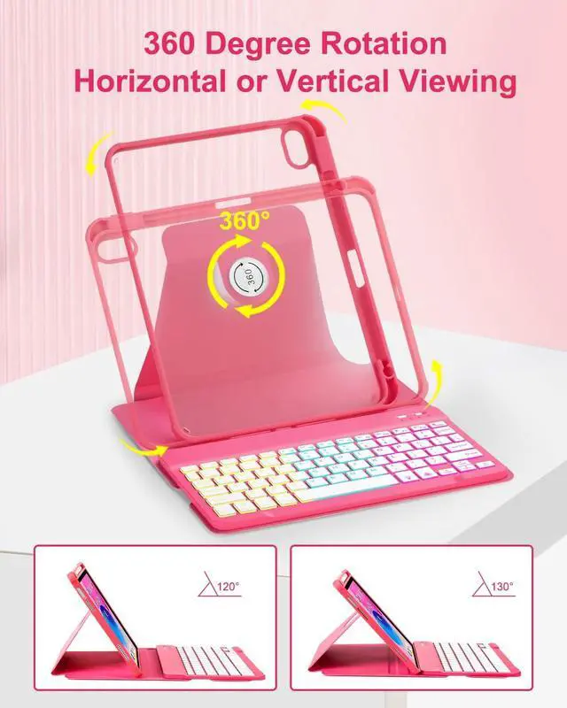 Alt view image 4 of 7 - Case with Keyboard for iPad 11th 10th Generation 11/10.9 inch,Rainbow Backlit Detachable Keypad Rotatable Magnetic Cover with Pencil Holder for iPad 11 A16 2025 10 Gen 2022 Watermelon Red