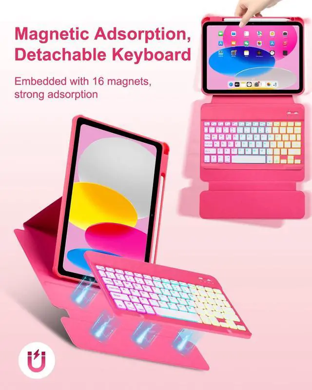 Alt view image 5 of 7 - Case with Keyboard for iPad 11th 10th Generation 11/10.9 inch,Rainbow Backlit Detachable Keypad Rotatable Magnetic Cover with Pencil Holder for iPad 11 A16 2025 10 Gen 2022 Watermelon Red