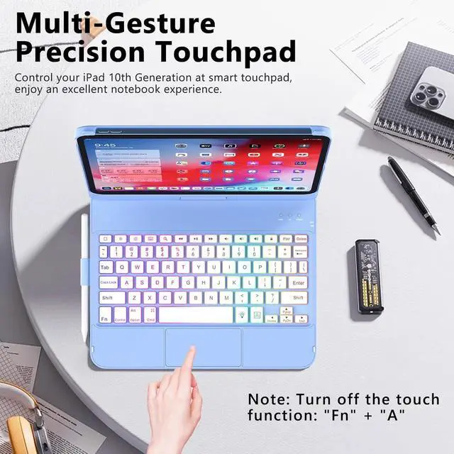 Alt view image 3 of 7 - Touch Keyboard Case for iPad (A16) 11th Generation 11 inch 2025&10th Gen 10.9 inch 2022, 360° Rotate for iPad 10th Generation Case with Keyboard, Backlit Keyboard Case with Pencil Holder, Blue