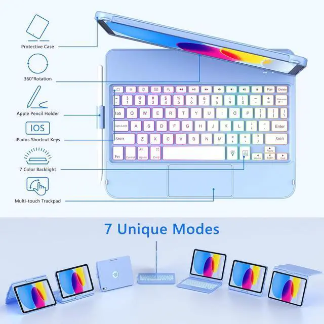 Alt view image 4 of 7 - Touch Keyboard Case for iPad (A16) 11th Generation 11 inch 2025&10th Gen 10.9 inch 2022, 360° Rotate for iPad 10th Generation Case with Keyboard, Backlit Keyboard Case with Pencil Holder, Blue
